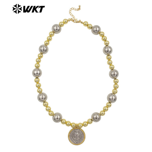 WT-JN303 Customize 18K Gold Plated and Silver Round Flat Pearl Beads Religious Shell Necklace Fashion Special Jewelry for Ladies