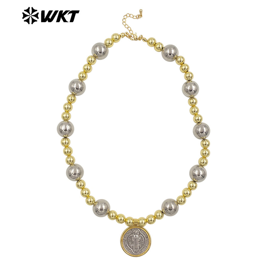 WT-JN303 Customize 18K Gold Plated and Silver Round Flat Pearl Beads Religious Shell Necklace Fashion Special Jewelry for Ladies