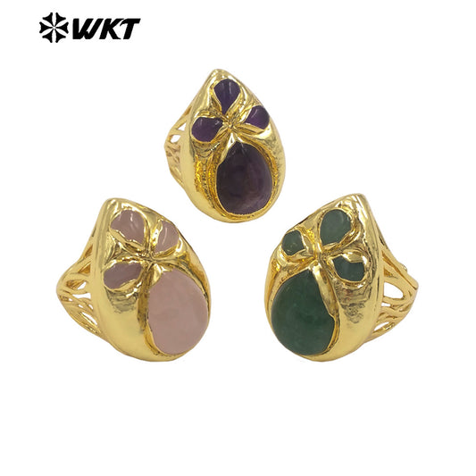 WT-R599 Gorgeous Gold Electroplated Multi Colors Natural Gemstone Waterdrop Shape Rings For Party Decorative Accessory