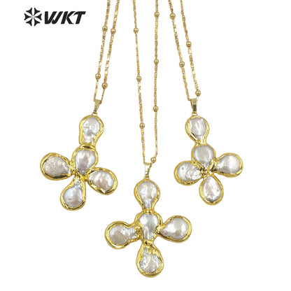WT-JN168 WKT Drama Style Fashion Design Flower Shape Natural Freshwater Pearl Cross Necklace Jewelry Accessory Necklaces