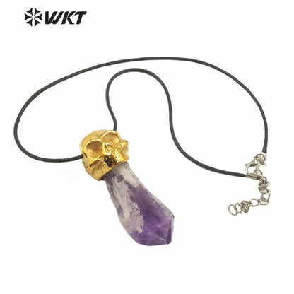 WT-N1213 Special Design Natural Amethyst Skull Pendant Necklace New Charm Jewelry Amethyst Necklace