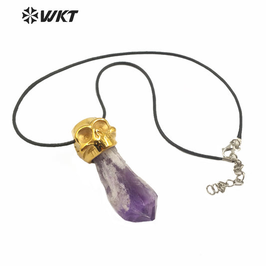 WT-N1213 Special Design Natural Amethyst Skull Pendant Necklace New Charm Jewelry Amethyst Necklace