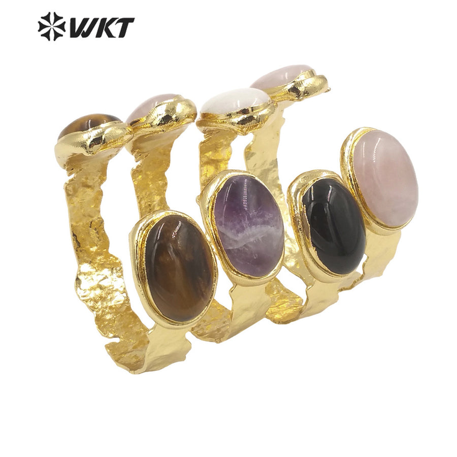WT-B591 2022 WKT Fashion Natural tiger Eye Amethyst Black Obsidian pink Quartz Bangle Opening Adjustable Oval Stone Bangles