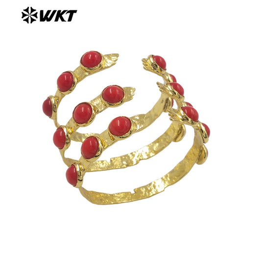 MPB111 WKT Stunning 18K Real Gold Plated Six Pieces Stone Bezel Setting Delicate Round Red Coral Bangle