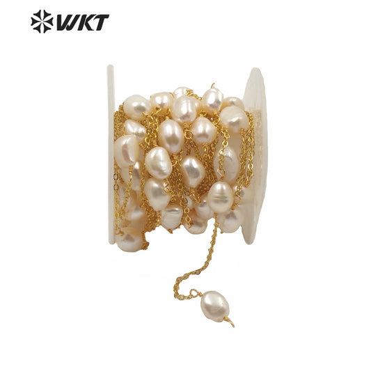 WT-RBC164 Fashion Women Hand Make Natural Freshwater Pearl Chain for Necklace Design 18k Gold Electroplated No Fade Pearl Chain