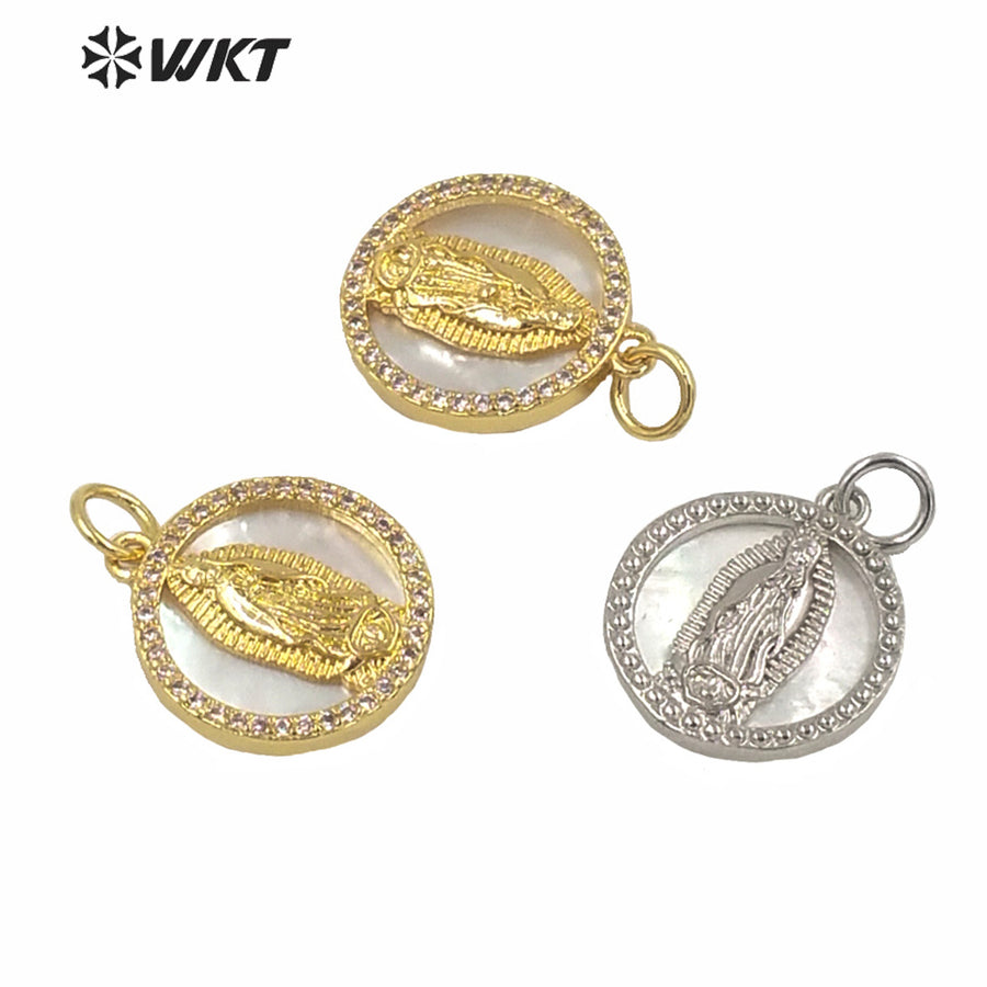 WT-MP156 WKT New Charming 15MM Natural Round Mop Shell Pendants Fashion Populared White Shell Gold Virgin Mary Pendants