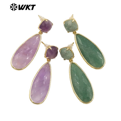 WKT-E759 Exquisite Super Colorful Long Earring Waterdrop Shape Natural Stone Material Accessory for Women Birthday Gifts