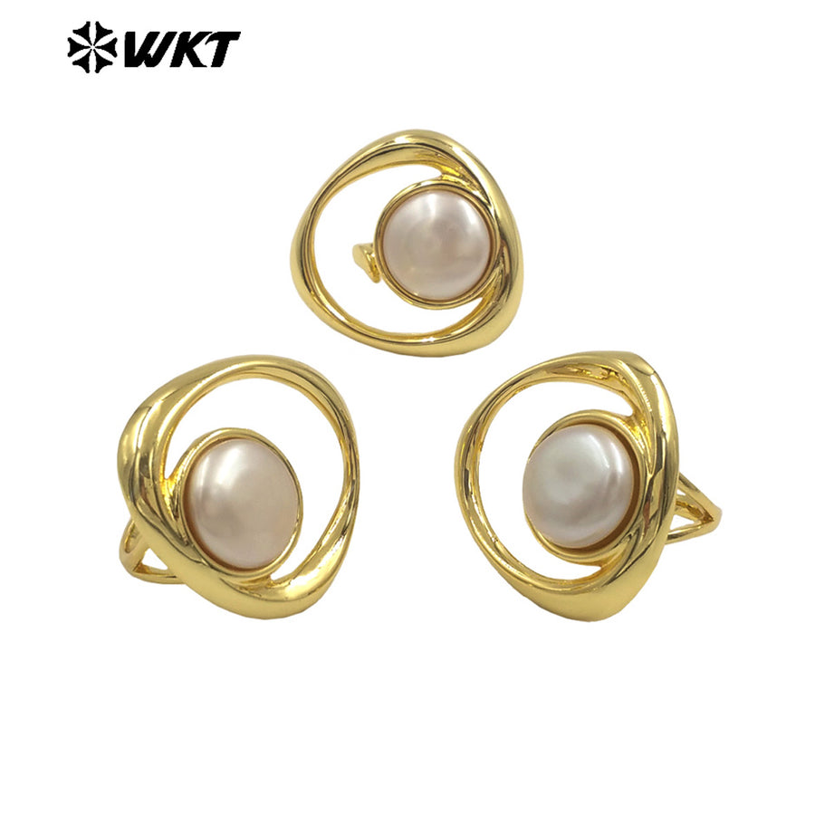 WT-MPR133 Amazing Design 18K Gold Plated Double Layers Ring With Freshwater Pearl Women Elegant Gorgeous Jewelry Adjustable Size