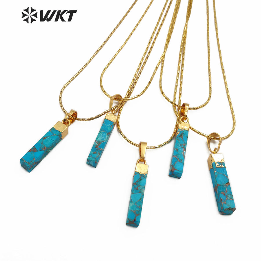 WT-N1164 Natural Blue Vein Turquoise Gold Electroplated Rectangle Shape Pendant Necklace Women Fashion Necklace Jewelry