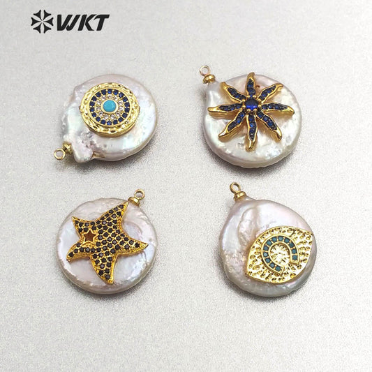 MP131 Wholesale Populared Starfish Multi-pattern Pearl with Cz Micro Pave Pendant Women Fashion Jewelry Circular Pearl Pendant