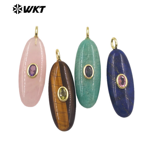 WT-P2073 Factory Wholesale Multiple Natural Gemstones Setting In Zircon Gold Color Long Pendants As Female Jewelry Decoration
