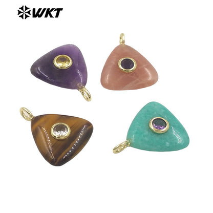 WT-P2021 High Quality Lovely Triangle Rose Quartz Natural Gemstones And Zircon Pendants For Necklace Decoration Charms