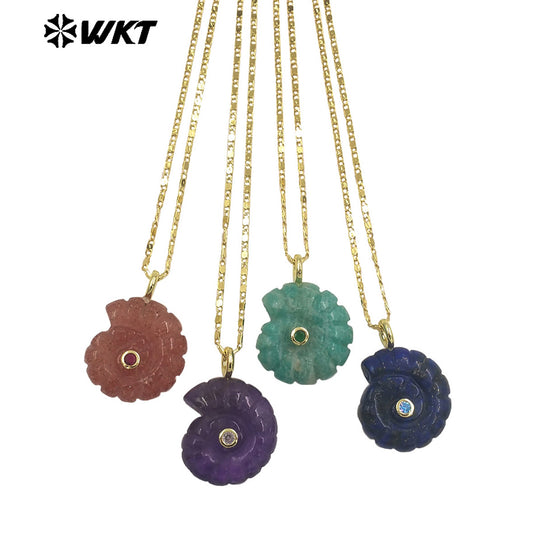 WT-N1510 Hot Sale Gold Thin Chain With Natural Gemstones Carved Trumpet Pendant Necklace As Women Daily Wearing Jewelry