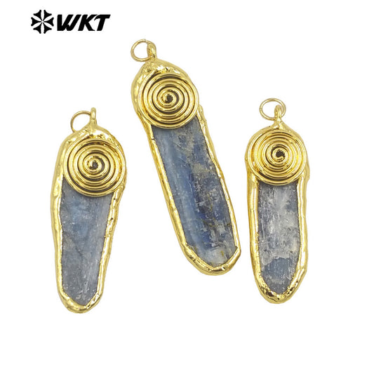 WT-P1958 Wholesale New Raw Blue Kyanite Stone Long Straight Gold Plated Welding Gemstone Jewelry Pendants