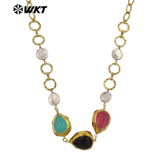 WT-JN372 Exquisite 18K Gold Plated Natural Pearl And Three Colors Glaze Pendants Necklace As Lady Unique Jewelry Accessory