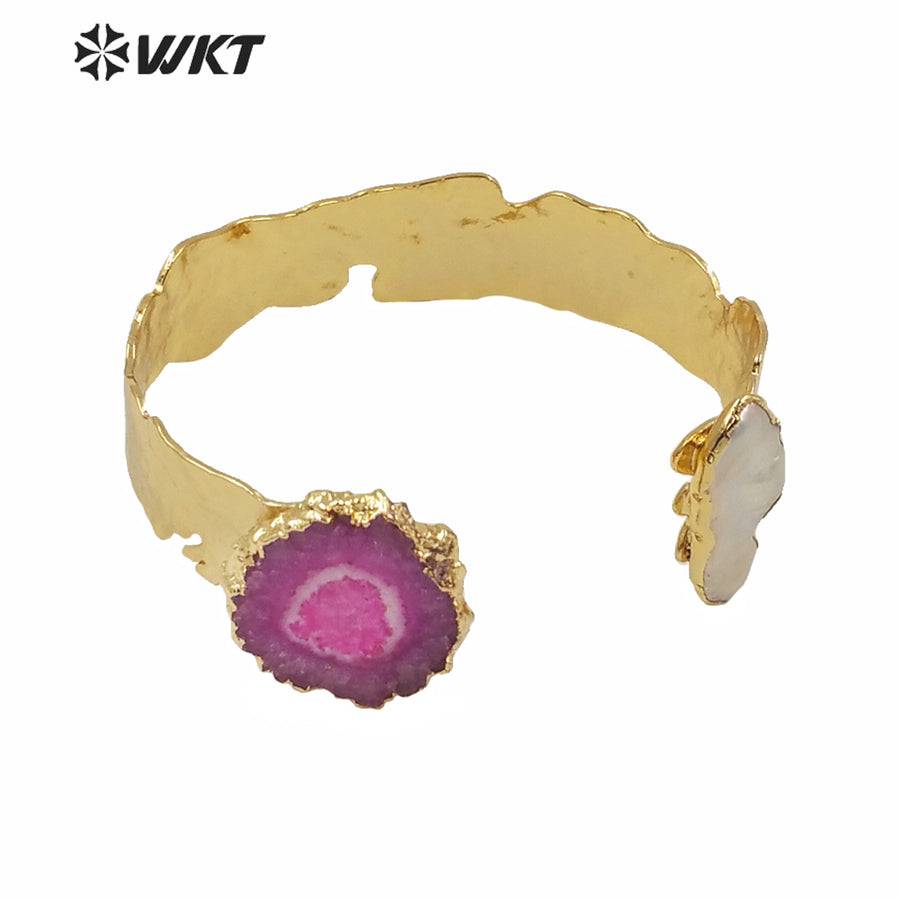 WT-B569 WKT Exclusive Design Natural Stalactite Quartz Gold Plated Bangle Fashion Lady Adjustable Size Real Stone Quartz Bangle