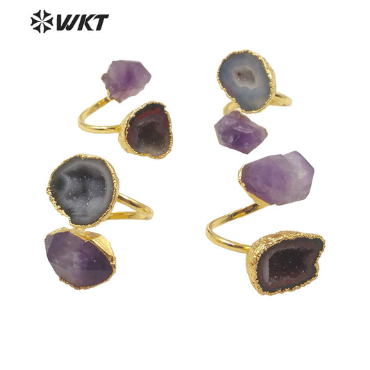 WT-R360 WKT Exclusive Natural Amethyst and Gedoe Agate Stone Ring Fashion Double Stone 18k Real Gold Plated Amethyst Rings