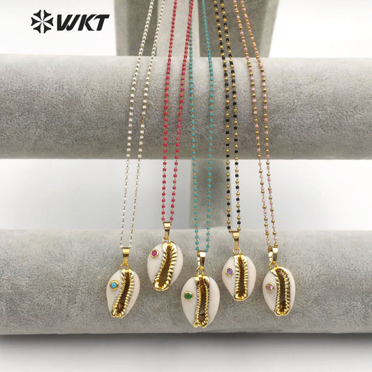 WT-JN097 WKT Jewelry Cowrie Necklace with Gold Plated Trim and CZ Stone Necklace Colorful Cz Necklace in Stock