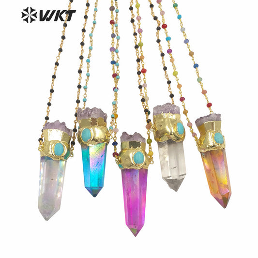 WT-N1252 Wholesale Gold Electroplated Natural Aura Spirit Quartz Necklace Women Fashion Chunky Crystal Point Quartz Necklace
