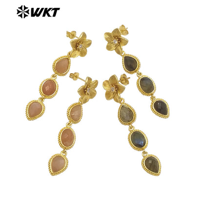 WT-E758 Amazing Fashion 18K Real Gold Plated Resist Tarnishable Multi Stones Earrings Women Birthday Gift Jewelry