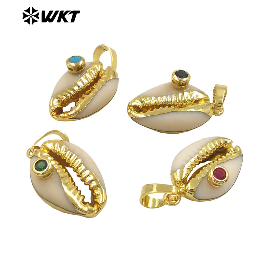 WT-JP141 Specially Designed Natural Cowrie Shell Pendant with Half Plating and Multiple Color Beads Natural Cowrie Pendant