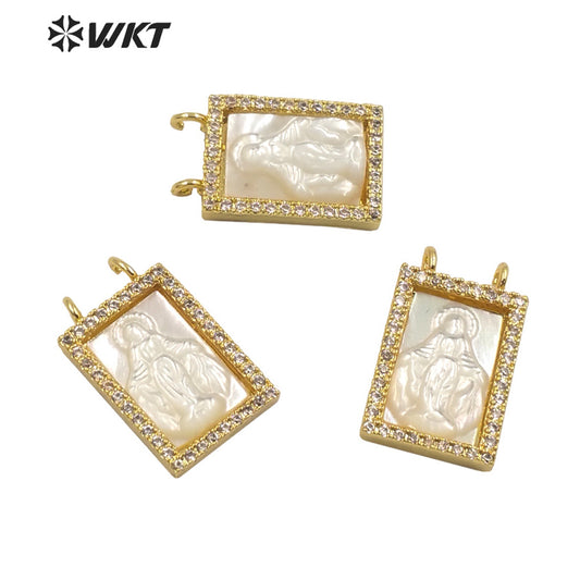 WT-MP224 WKT Precious Gold Handmade Well-proportioned Micro Pave Pendant Natural Pearl Shells with Zircon Religion Jewelry