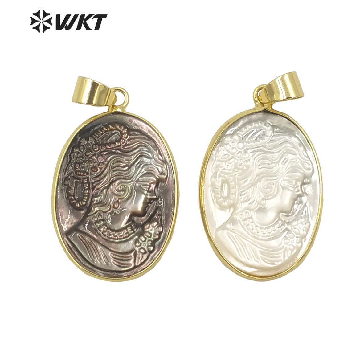 WT-JP267 Super Beauty Design with Gold Bezel Women Natural Shell Made Hand Carved the Beauty Women Photo Pendant for Necklace