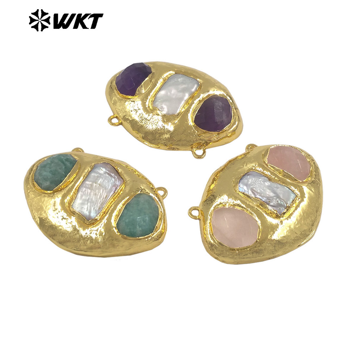 WT-PC021 Delicate 18K Gold Plated Two Natural Stones And Pearl Connectors With Double Hoops For Women Unique Necklace Design