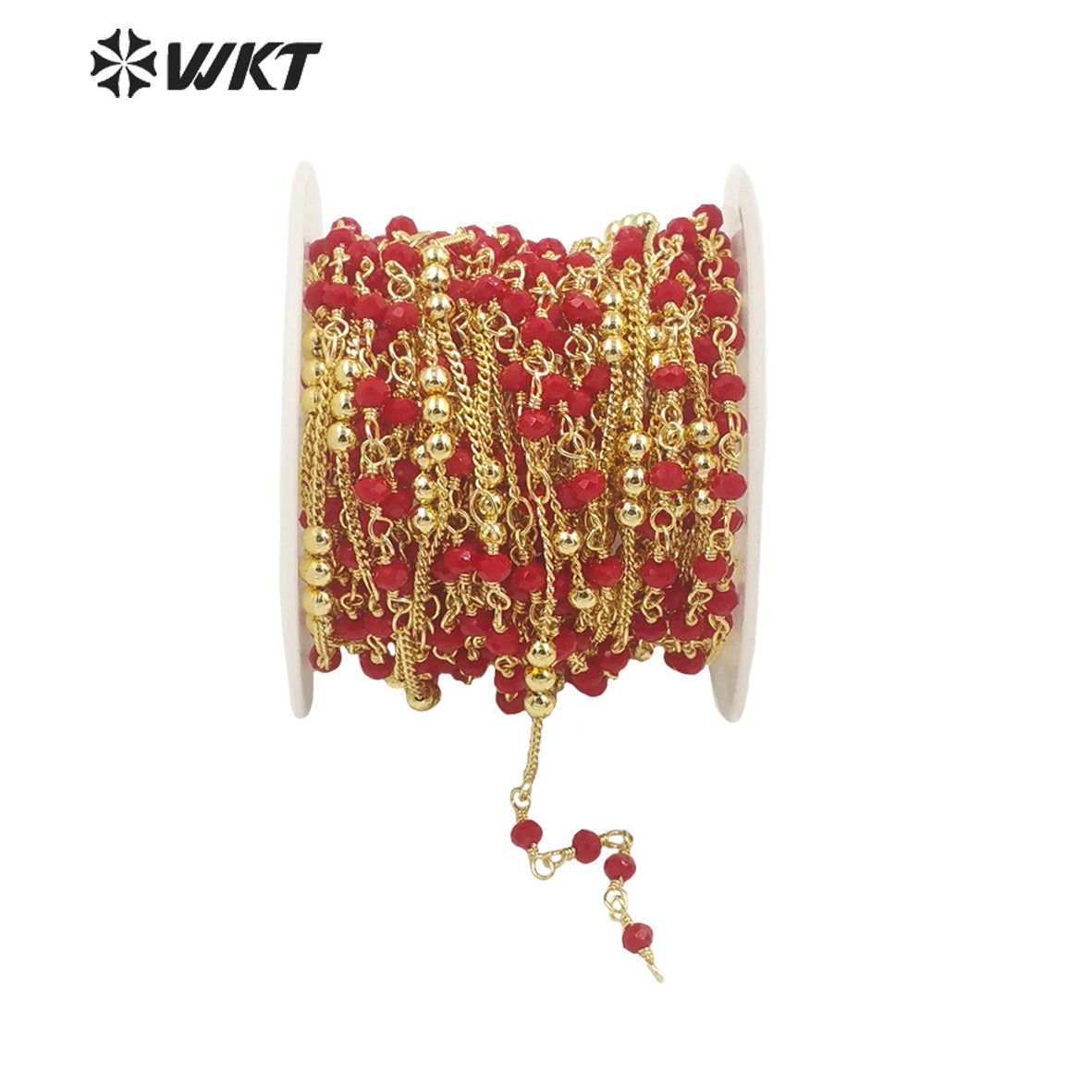 WT-RBC197 Amazing Women Handmade Gold Plated Jewelry Findings Chain in Brass with Red Beads Mix Link Chain Satellite Chain