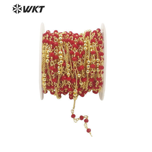 WT-RBC197 Amazing Women Handmade Gold Plated Jewelry Findings Chain in Brass with Red Beads Mix Link Chain Satellite Chain