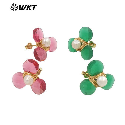 WT-E723 Women New Earrings Design Colorful Cat Eye Stone Flower Studs Handmade Wire Wrapped Pearl Leaf Fashion Girl Earrings