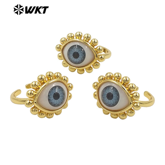 WT-MPR101 Wholesale Fashion Gold Plated Resist Tarnishable Drop Oil Turkey Eye Ring in Open Size Unique Jewelry