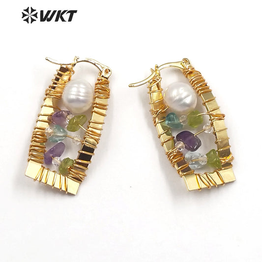 WT-E589 Long square Fashion Pearl Earrings in 18k Gold Plated Statement Lady Loved Stone Beads Wire Wrapped Earrings