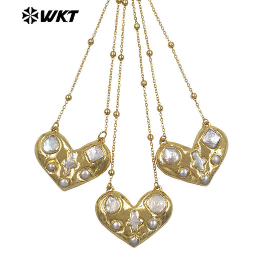 WT-JN381 Beautiful Thin Bead Chain With Gold Electroplated Natural Freshwater Pearl Heart Shape Pendant Necklace For Girl Gift