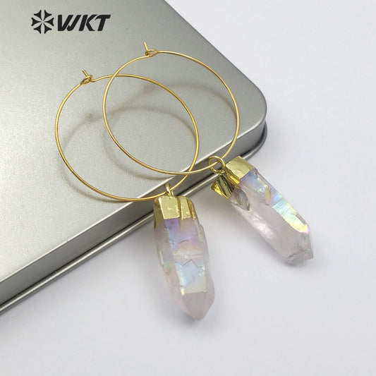 WT-E493 Six Prism Quartz Pendant With Gold Capped Healing Colorful Crystal Earring Jewelry Aura Quartz Dangling Earring