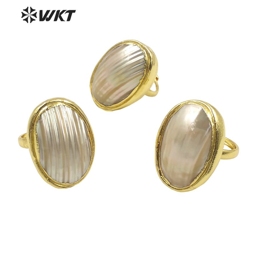 WT-MPR076 Fashion Gold Plated Resist Tarnishable Natural White Oval Mabe Women Ring for Anneversary Wedding Gift