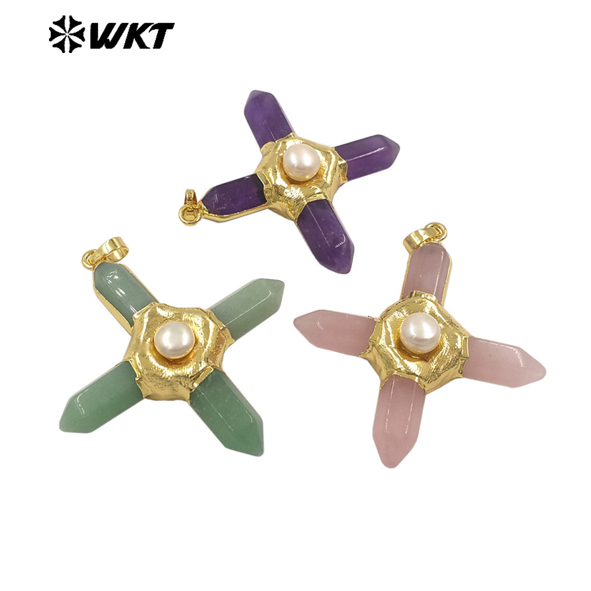 WT-P1967 Wholesale Fashion Gold Plated Cross Healing Energy Gemstone Point Anchor Pendants Special Rose Quartz Jewelry