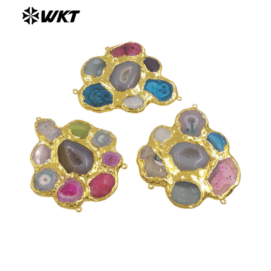 WT-C337 Amazing Three Hoops And Back Full Gold Plated Multi Natural Stones Connectors For Jewelry Connection Accessories