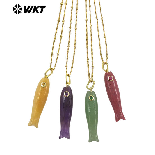 WT-N1535 Charming Trendy Natural Gemstones Little Fish Shape Gold Pendant Necklaces As Female Party Birthday Jewelry Gifts