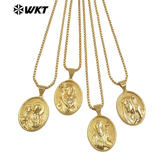 WT-JFN35 New Sales Yellow Brass Oval Shape Religion Pendant Necklace Multi Patterns Gold Plated Chain Women Daily Wearing