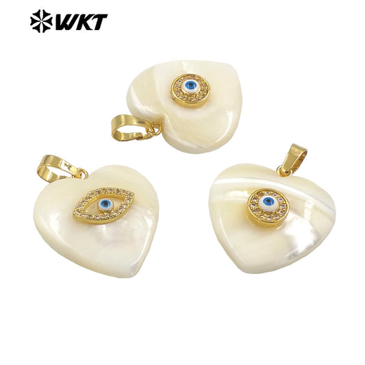 WT-JP366 Newest Gold Plated Charming Natural White Shell Heart With Turkey Eye Girl Lovely Pendants for Birthday