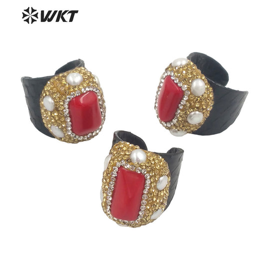 WT-R432 Women Magic Black Genuine Leather Red Coral Ring with Pearl Charm Elegant Rhinestone Pave Party Ring