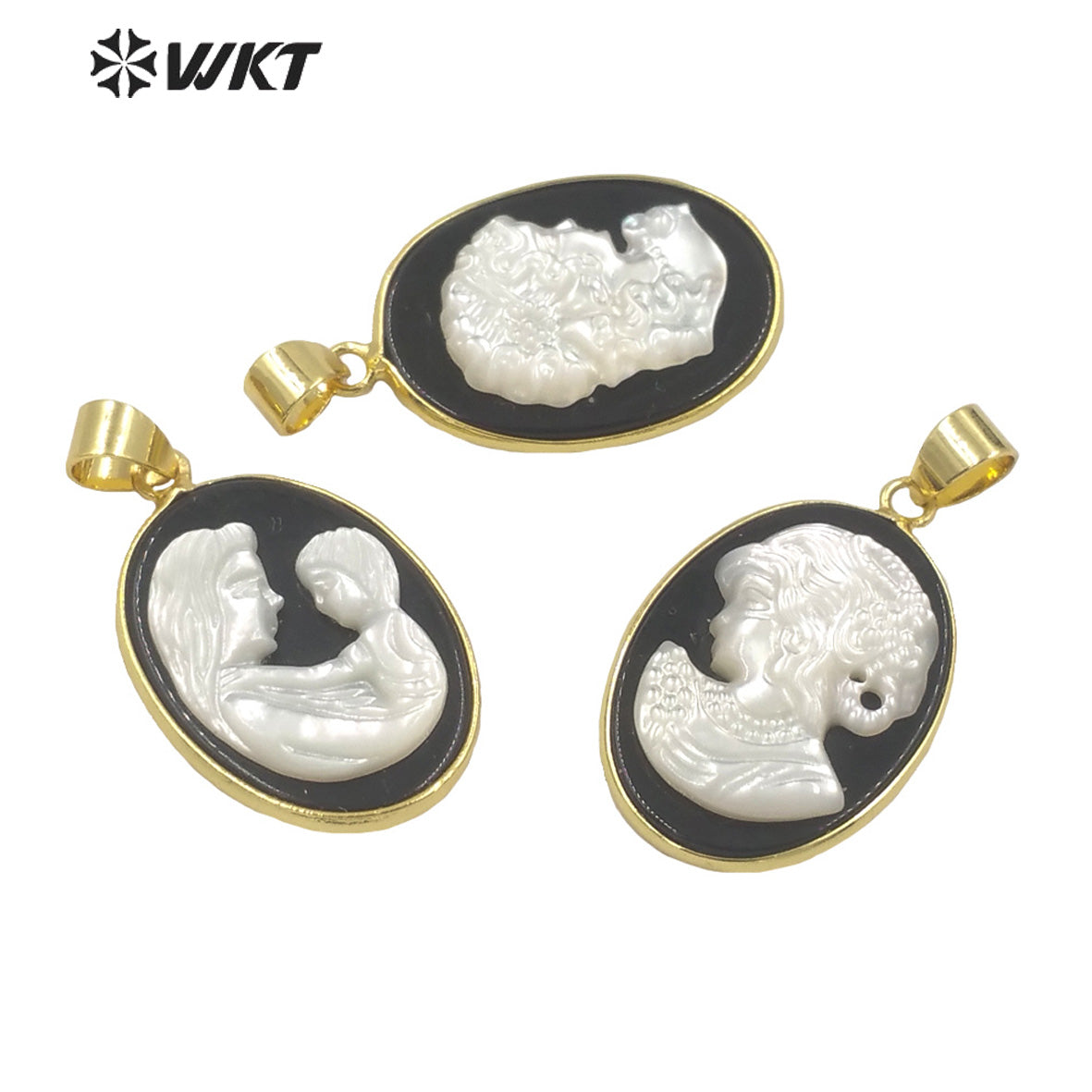 WT-JP268 New Design Oval Black Agate Back Ground with MOP Beauty Image Pendant Gorgeous Hand Carve Gold Bezel the Beauty Pendant