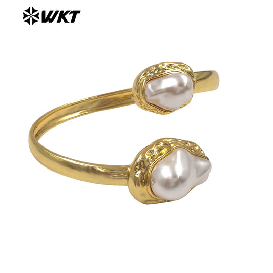 MPB133 Popular Simple Design 18K Gold Plated With Two Artificial Pearls Lady Cuff Bangles For Daily Wearing Decorations