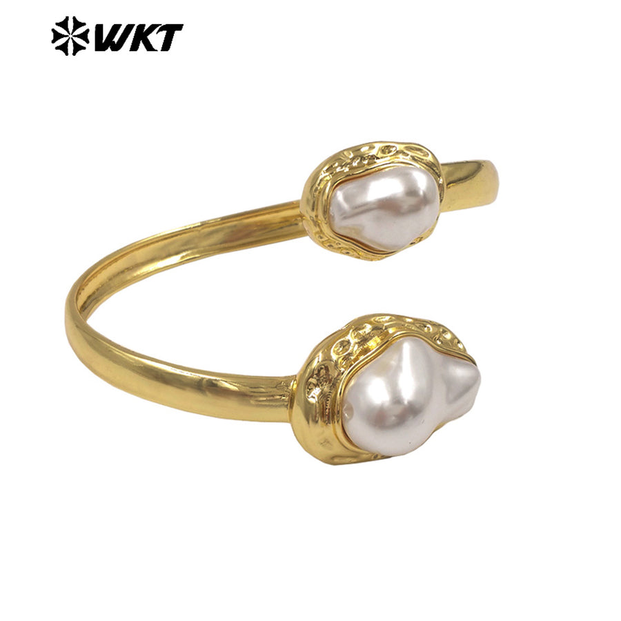 MPB133 Popular Simple Design 18K Gold Plated With Two Artificial Pearls Lady Cuff Bangles For Daily Wearing Decorations