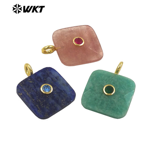 WT-P2089 Factory Wholesale Colorful Zircon And Natural Gemstone Square Gold Pendant For Handmade Jewelry Design Findings