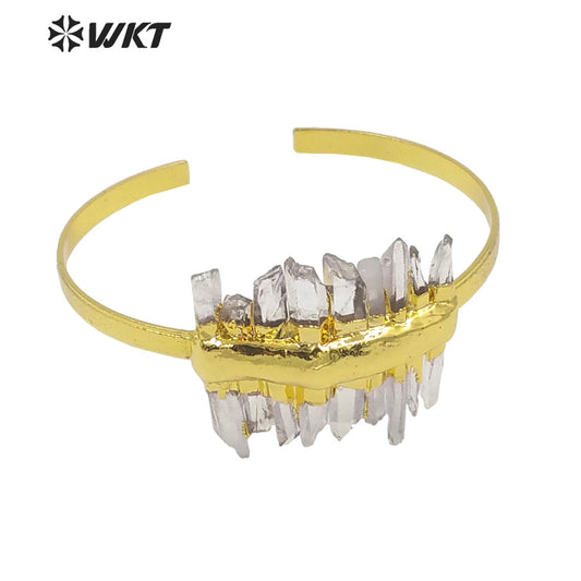 WKT-B583 Noble Generous Gold Electroplated Open Size Cuff Bangle Women Bohemian Natural While Crystal Quartz Gold Bangle