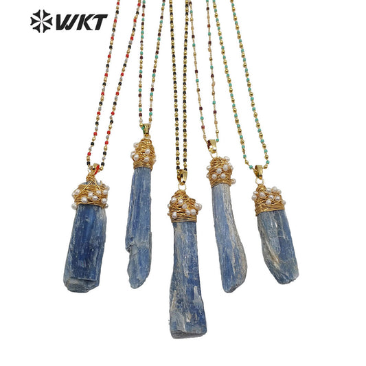 WT-N1217 Popular Wire Wrapped Blue Kyanite Necklace Fashion Lady Charm Jewelry Raw Blue Kyanite Necklace