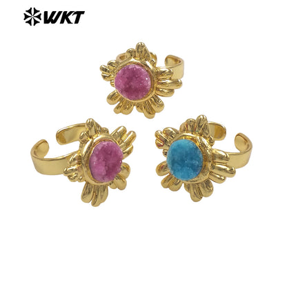 WT-R609 Beautiful Gold Plated Natural Druzy Quartz Stone Sun Flower Shape Women Rings For Party Trendy Wearing Accessory