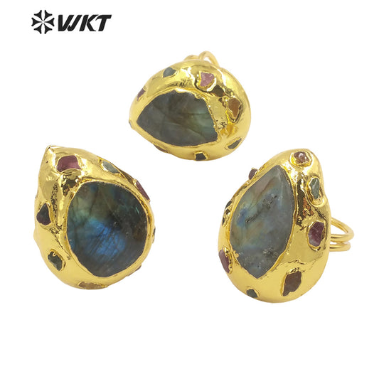 WT-R409 Europe and America Niche Design 18k Gold Plated Rings Labradorite Stone Rings Multi-Gemstone Set Natural Stone Rings